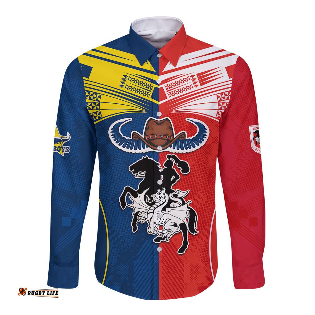 Custom NRL Cowboys Combine Dragon Rugby Long Sleeve Button Shirt Sporty Style