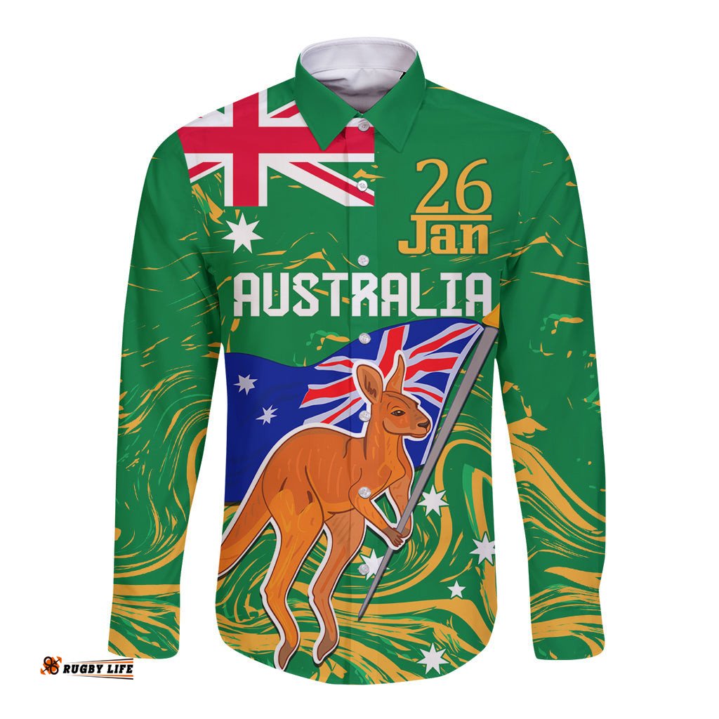 Proud To Be Australia Day Long Sleeve Button Shirt Kangaroo with National Color