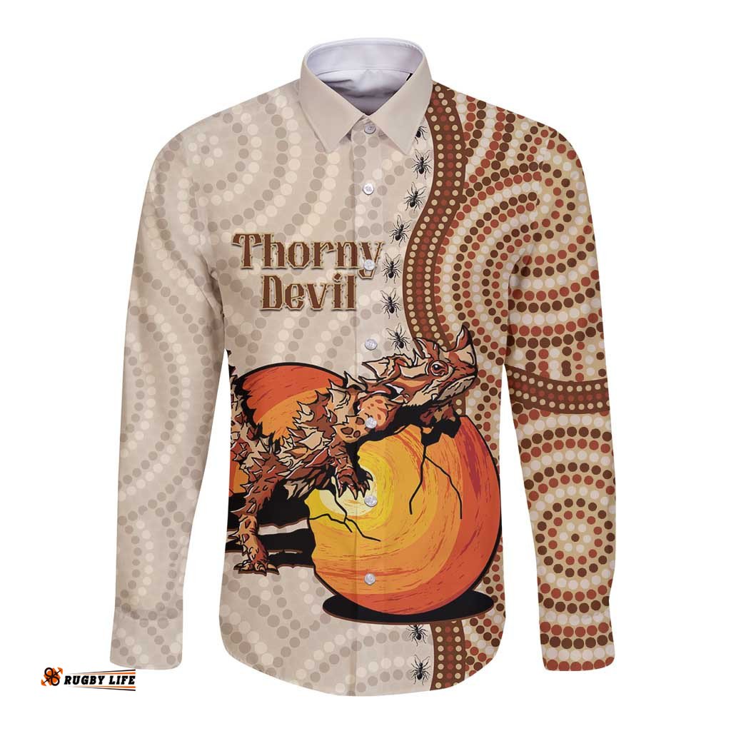Thorny Devil Australia Long Sleeve Button Shirt Baby Moloch Horridus With Ants - Aboriginal Art