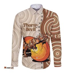 Thorny Devil Australia Long Sleeve Button Shirt Baby Moloch Horridus With Ants - Aboriginal Art