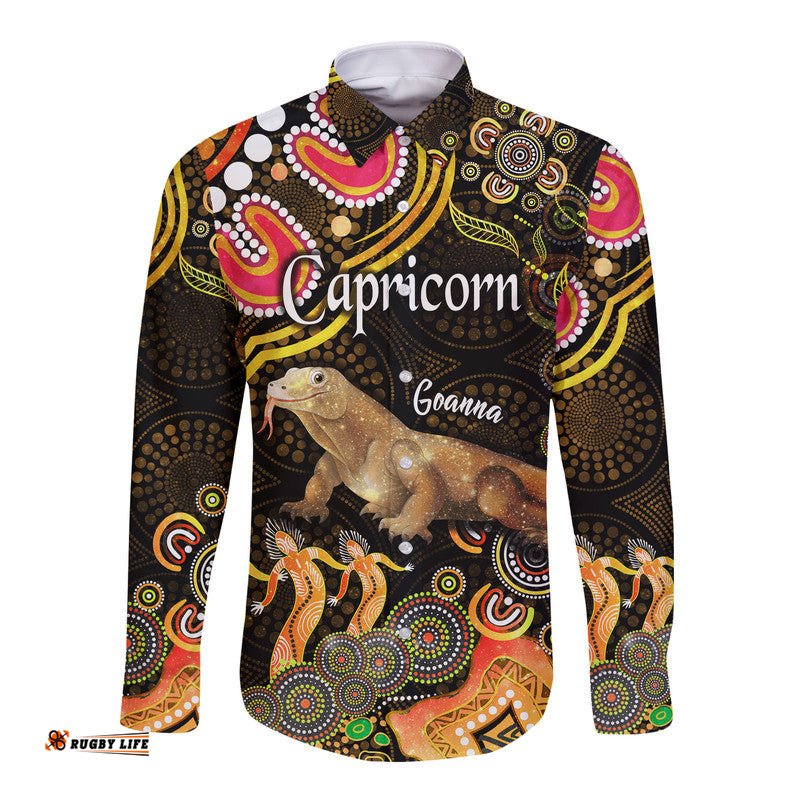 Custom Personalised Australian Astrology Hawaii Long Sleeve Button Shirt Capricorn Goanna Zodiac Aboriginal Vibes Gold