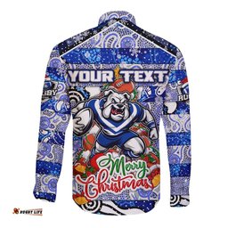 Custom Bulldogs Rugby Merry Christmas Long Sleeve Button Shirt Indigenous Australian Art