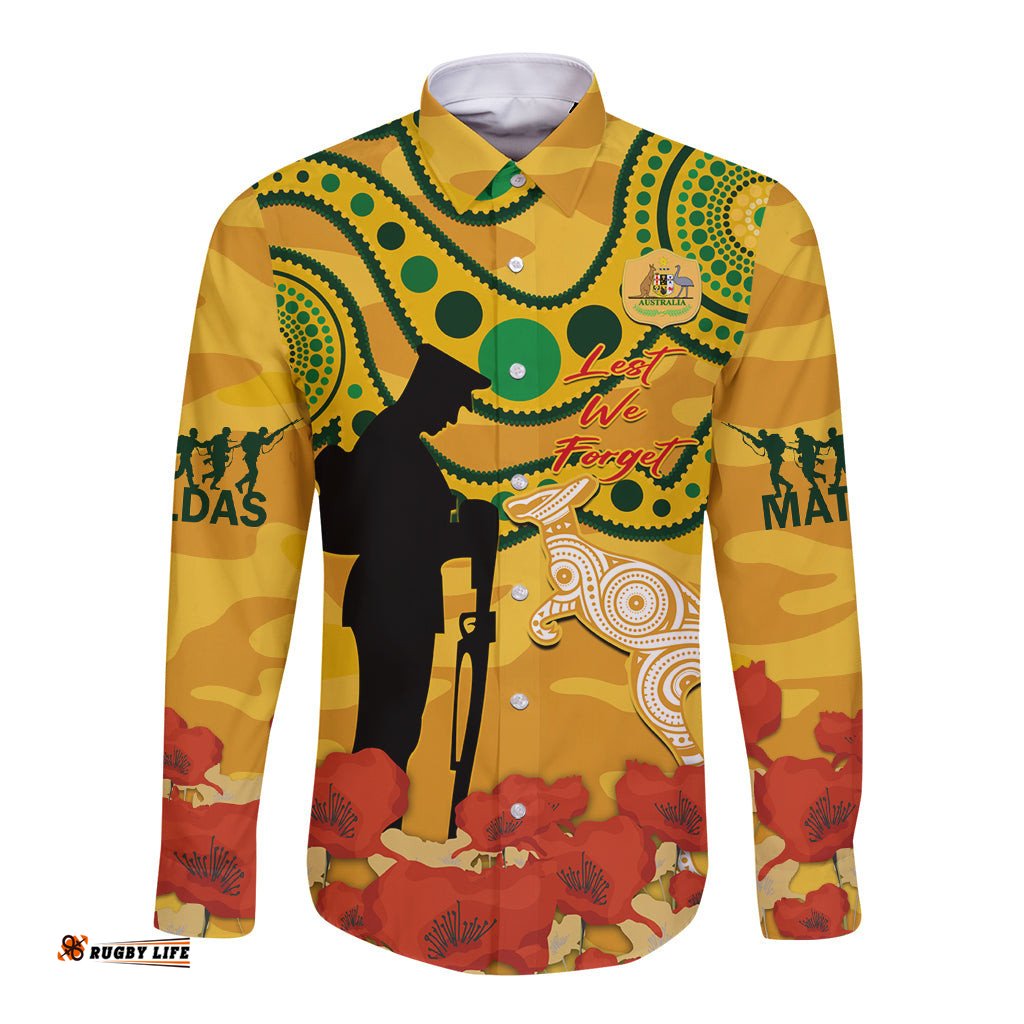 Custom Matildas ANZAC Day Long Sleeve Button Shirt Lest We Forget Poppies Mix Camouflage Gold