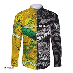 New Zealand Maori All Black And Australia Wallabies Aboriginal Hawaii Long Sleeve Button Shirt Rugby Together