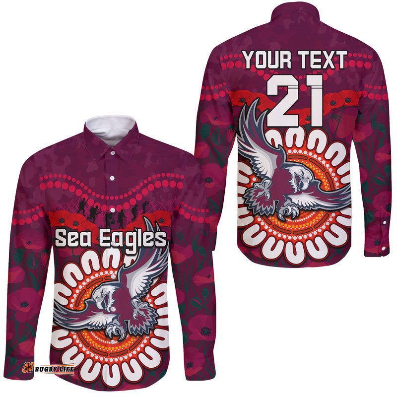Custom Personalised Sea Eagles Rugby ANZAC Hawaii Long Sleeve Button Shirt Camouflage Poppy