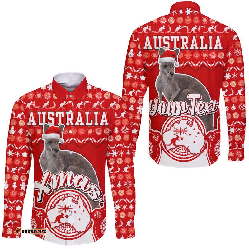 Custom Personalised Australian Kangaroo Christmas Vibe With Aboriginal Dot Painting Style Hawaii Long Sleeve Button Shirt