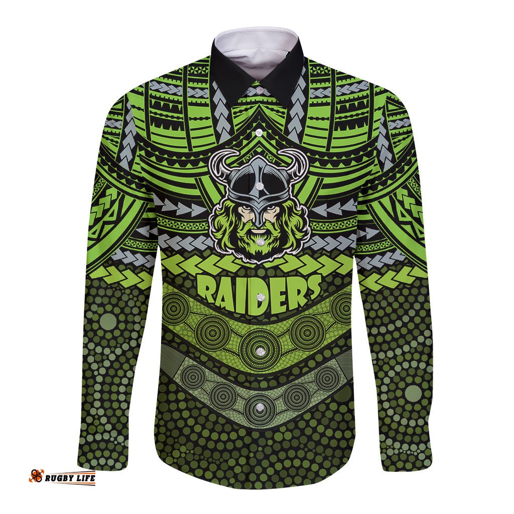 Raiders Rugby Long Sleeve Button Shirt Polynesian and Aboriginal Special Version