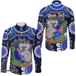 Custom Personalised Australia Koala Aboriginal Hawaii Long Sleeve Button Shirt Koala Hugging Rugby Ball Blue
