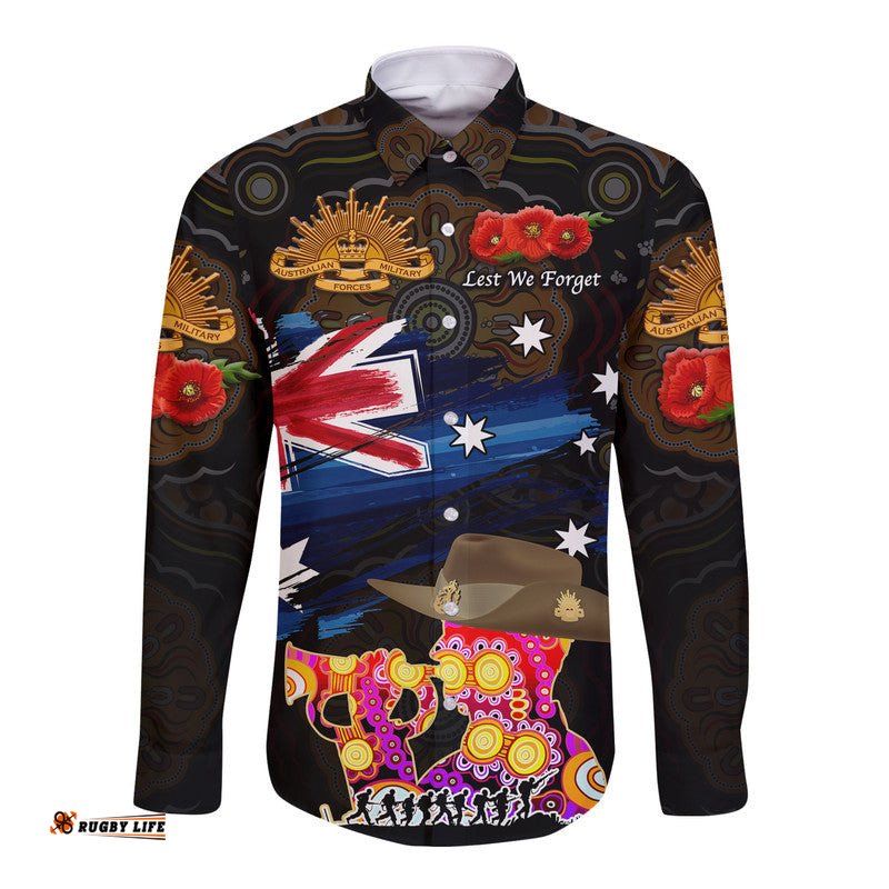 Custom Personalised Australia Aboriginal ANZAC Hawaii Long Sleeve Button Shirt Remembrance Vibes Black