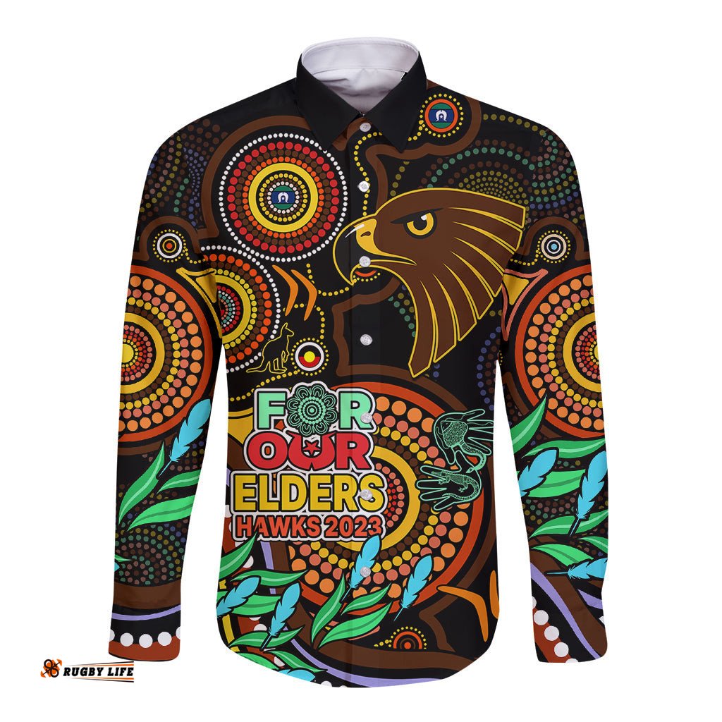 Custom Hawks Football Aboriginal Art Long Sleeve Button Shirt NAIDOC Indigenous Tribal