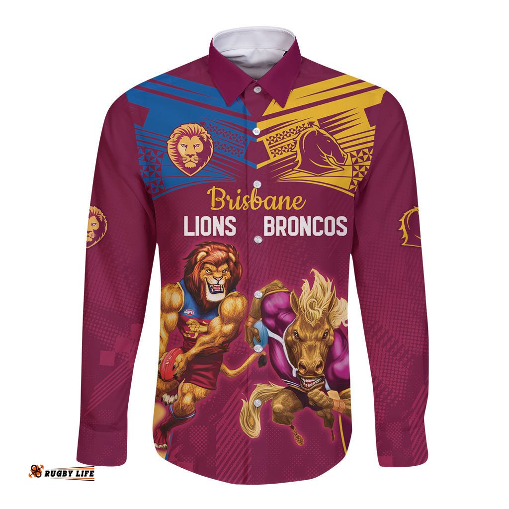 Custom Brisbane Broncos and Lions Long Sleeve Button Shirt Together Sporty Style