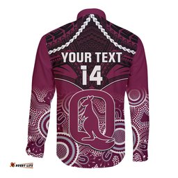 Custom QLD Maroons Rugby Long Sleeve Button Shirt Aboriginal Mix Polynesian Pattern