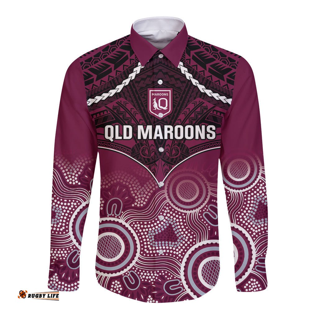 Custom QLD Maroons Rugby Long Sleeve Button Shirt Aboriginal Mix Polynesian Pattern