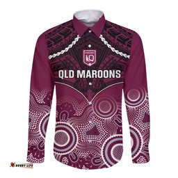 Custom QLD Maroons Rugby Long Sleeve Button Shirt Aboriginal Mix Polynesian Pattern