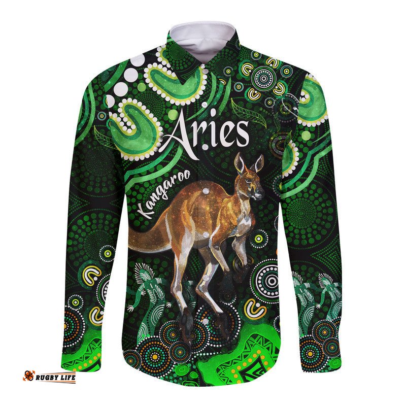 Custom Personalised Australian Astrology Hawaii Long Sleeve Button Shirt Aries Kangaroo Zodiac Aboriginal Vibes Green