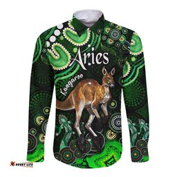 Custom Personalised Australian Astrology Hawaii Long Sleeve Button Shirt Aries Kangaroo Zodiac Aboriginal Vibes Green