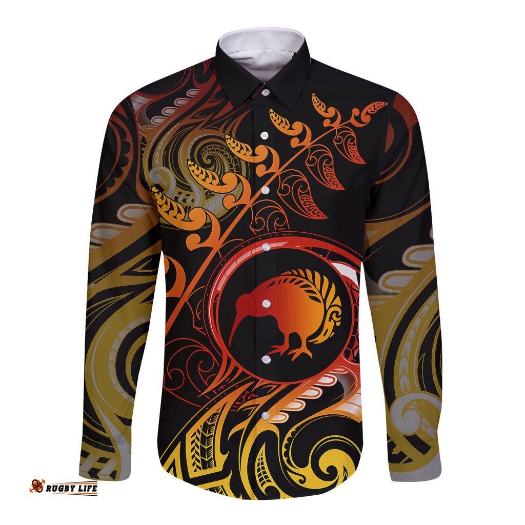 New Zealand Long Sleeve Button Shirt Aotearoa Kiwi Bird Maori Fern Tattoo Arty