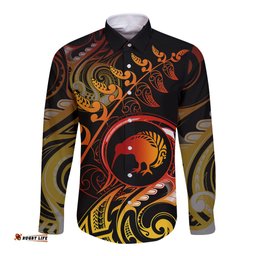 New Zealand Long Sleeve Button Shirt Aotearoa Kiwi Bird Maori Fern Tattoo Arty
