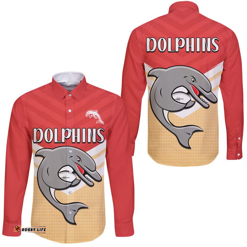 Redcliffe Dolphins Rugby Hawaii Long Sleeve Button Shirt Simple Style
