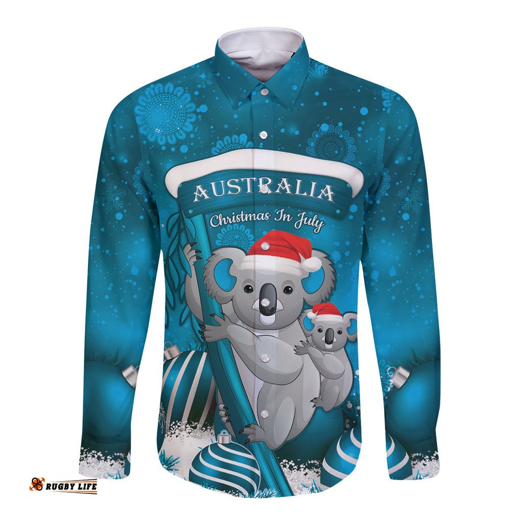 Australia Christmas In July Long Sleeve Button Shirt Mommy and Baby Koala Santa Blue