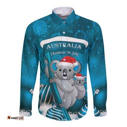 Australia Christmas In July Long Sleeve Button Shirt Mommy and Baby Koala Santa Blue