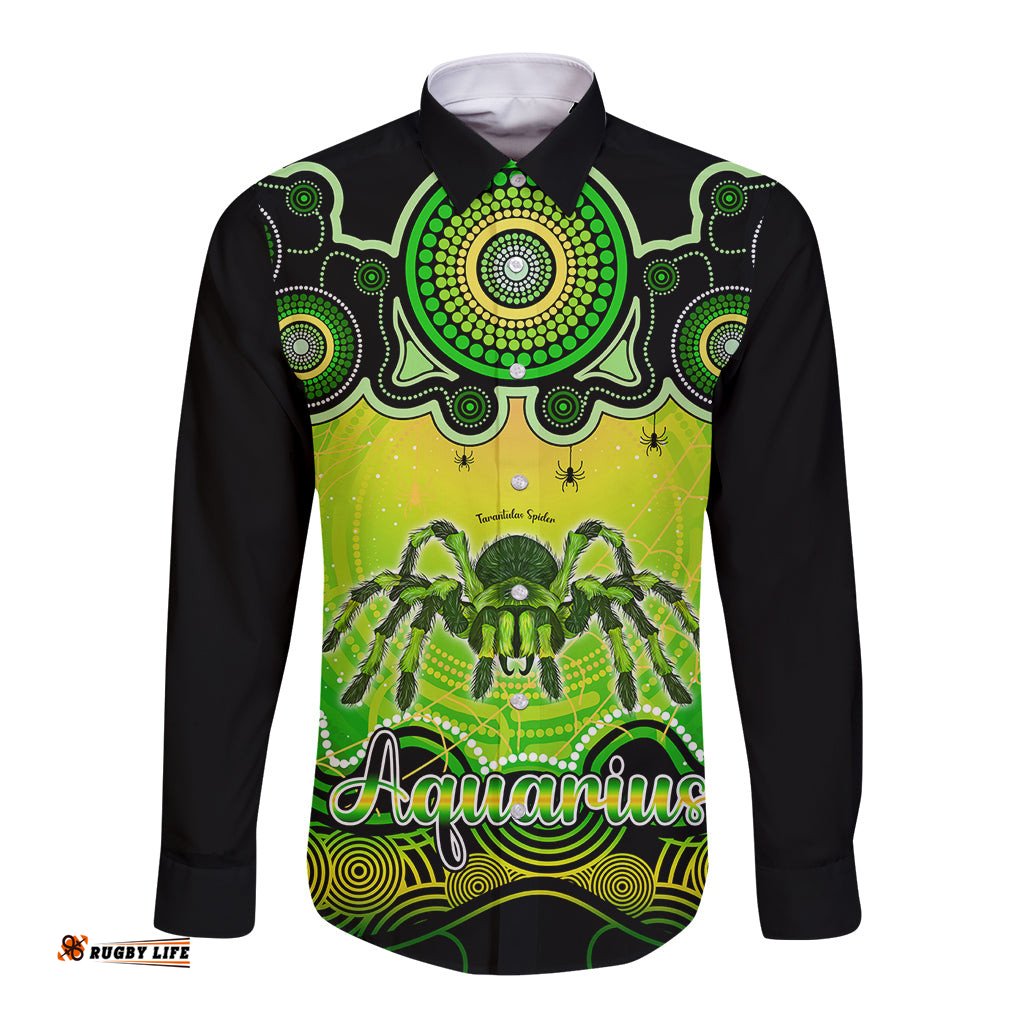 Personalised Australia Scorpio Tarantulas Spider Zodiac Long Sleeve Button Shirt Auz Astrology Aboriginal Green