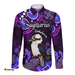 Custom Personalised Australian Astrology Hawaii Long Sleeve Button Shirt Sagittarius Kookaburra Zodiac Aboriginal Vibes Purple