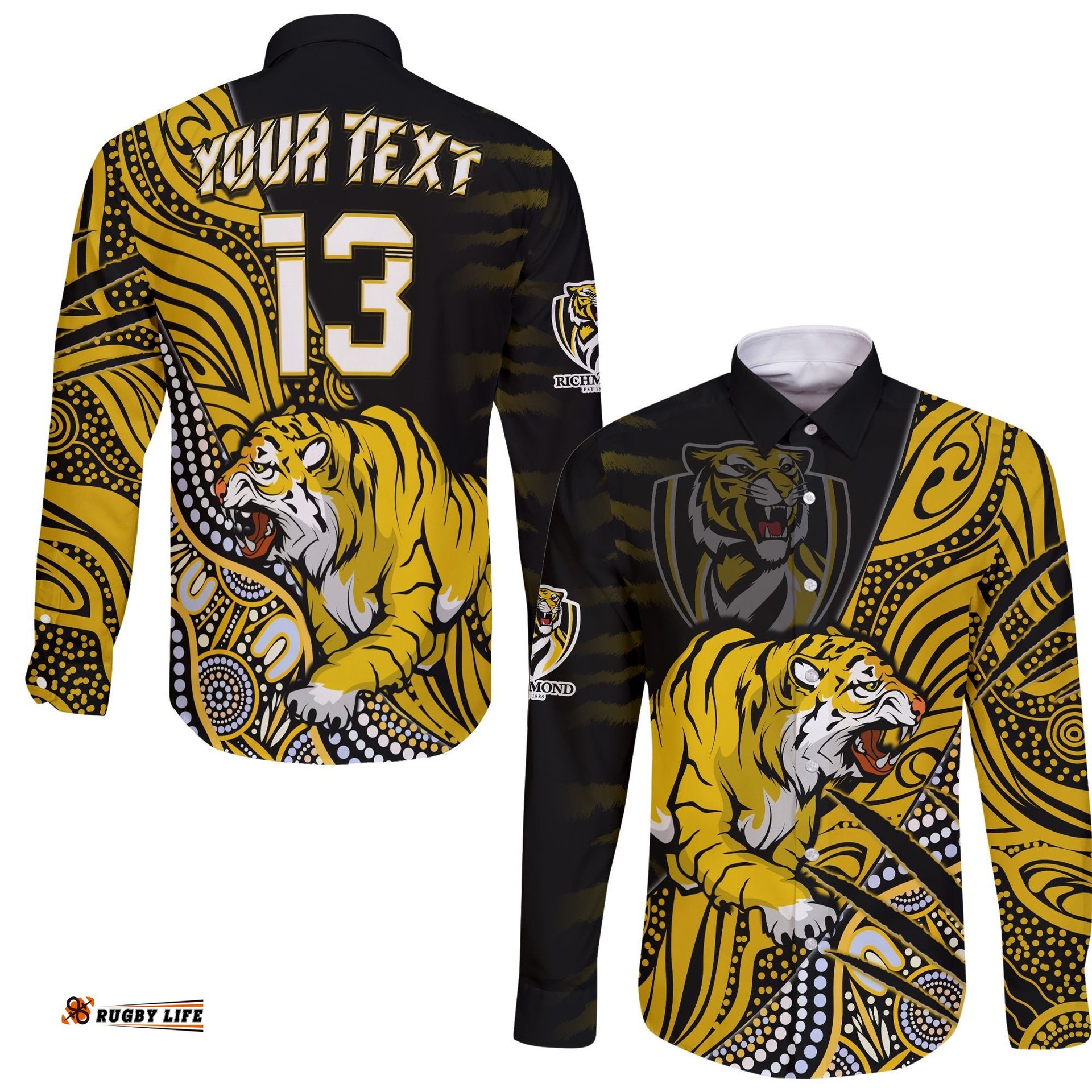 Custom Text and Number Richmond Football Long Sleeve Button Shirt Aboriginal Go The Tigers Premiers