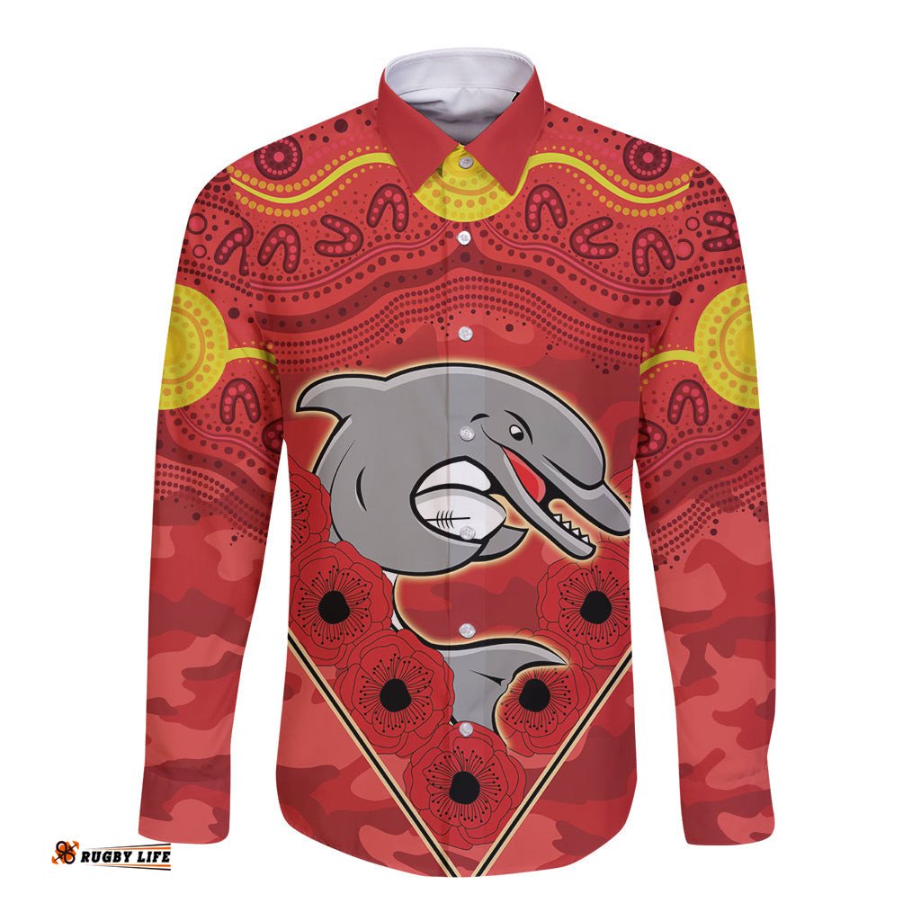 Custom Dolphins Rugby ANZAC Long Sleeve Button Shirt Aboriginal and Army Patterns