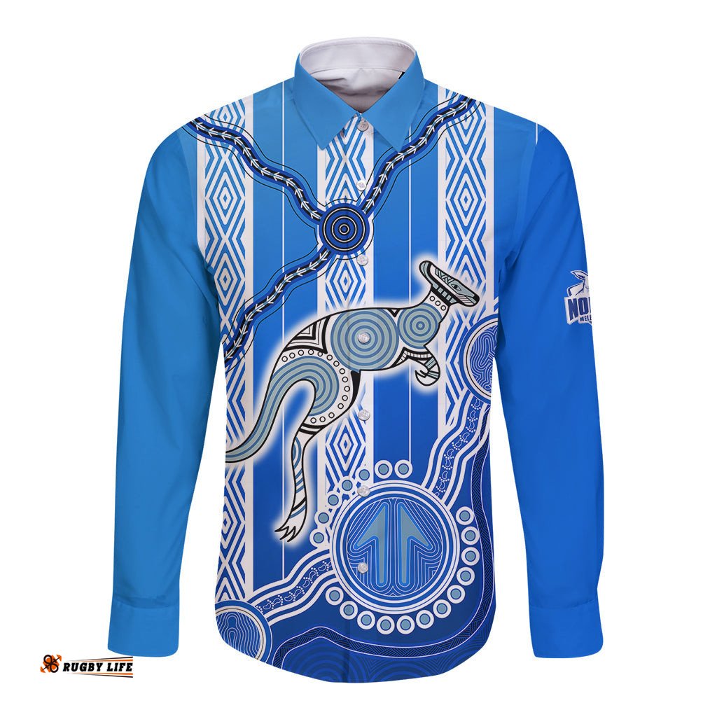 Custom Text And Number Kangaroos Indigenous Long Sleeve Button Shirt North Melbourne Football