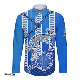Custom Text And Number Kangaroos Indigenous Long Sleeve Button Shirt North Melbourne Football