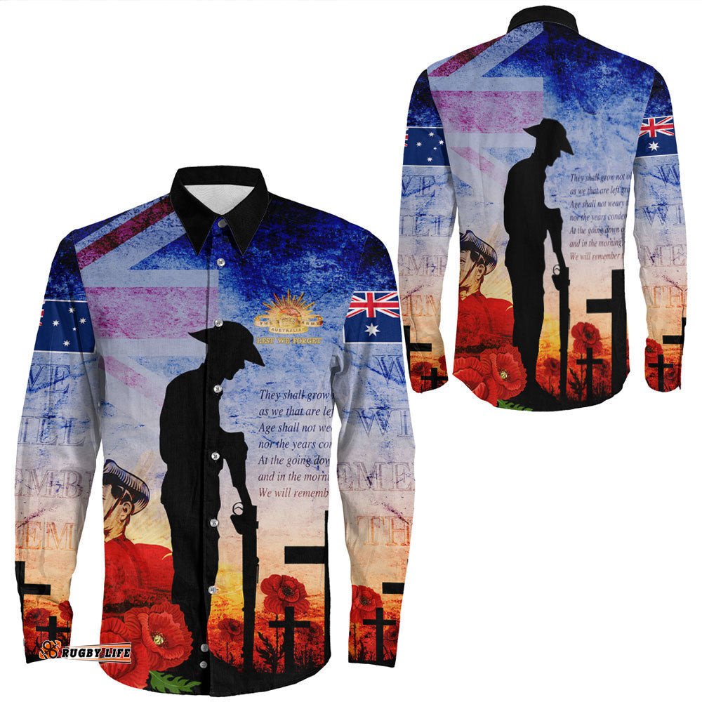 Anzac Day Australia Soldier We Will Rememer Them Long Sleeve Button Shirt