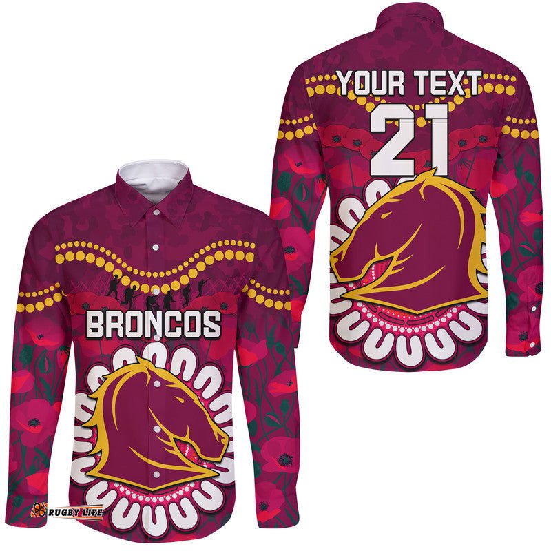 Custom Personalised Broncos Rugby ANZAC Hawaii Long Sleeve Button Shirt Camouflage Poppy