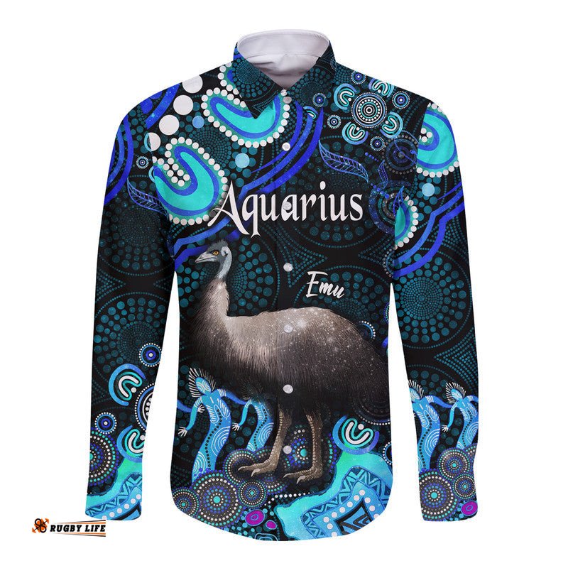 Custom Personalised Australian Astrology Hawaii Long Sleeve Button Shirt Aquarius Emu Glider Zodiac Aboriginal Vibes Blue