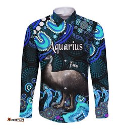 Custom Personalised Australian Astrology Hawaii Long Sleeve Button Shirt Aquarius Emu Glider Zodiac Aboriginal Vibes Blue