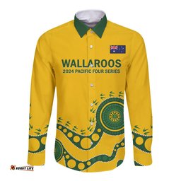 Custom Australia Rugby Long Sleeve Button Shirt Go Wallaroos 2024 Pacific Aboriginal Art