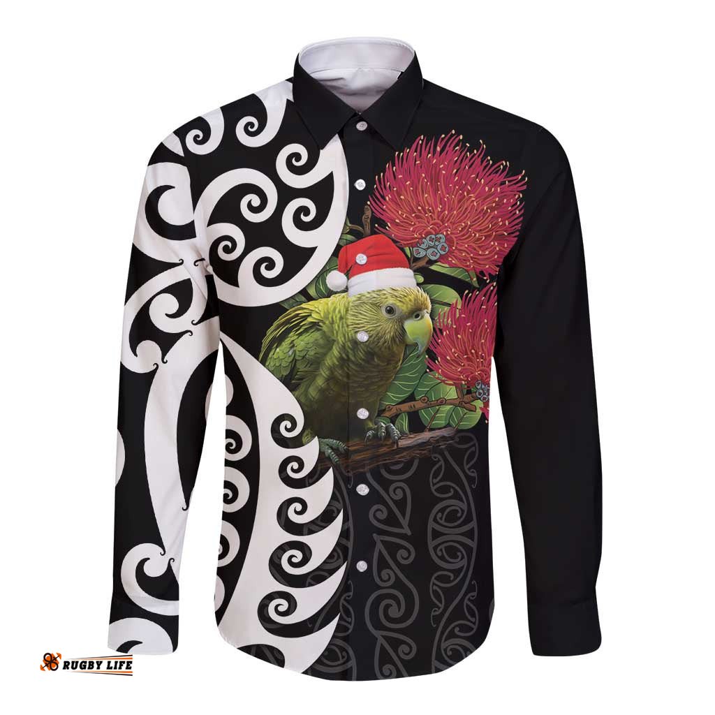 New Zealand Kakapo Christmas Long Sleeve Button Shirt Meri Kirihimete Pohutukawa Flowers