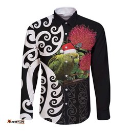 New Zealand Kakapo Christmas Long Sleeve Button Shirt Meri Kirihimete Pohutukawa Flowers