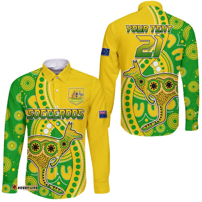 Custom Personalised Australia Kangaroo Soccer World Cup Hawaii Long Sleeve Button Shirt Socceroos Aboriginal