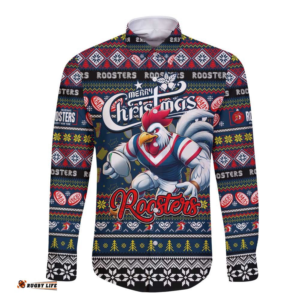 Personalized Roosters Rugby Xmas Long Sleeve Button Shirt Australia NRL Mascot