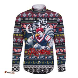Personalized Roosters Rugby Xmas Long Sleeve Button Shirt Australia NRL Mascot