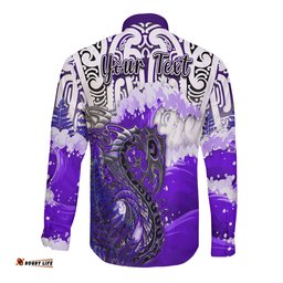 Custom Personalised Manaia Maori Long Sleeve Button Shirt Fern Aotearoa Purple Waves