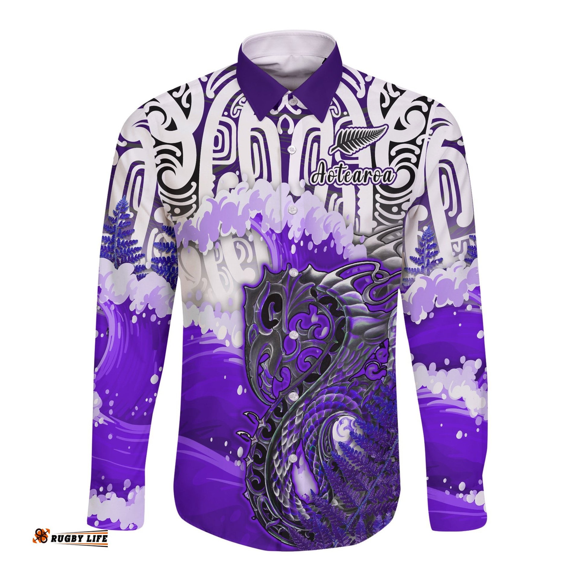 Custom Personalised Manaia Maori Long Sleeve Button Shirt Fern Aotearoa Purple Waves