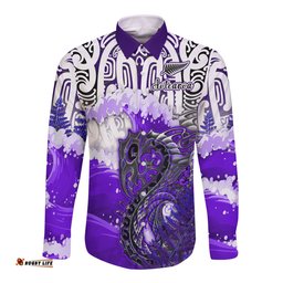 Custom Personalised Manaia Maori Long Sleeve Button Shirt Fern Aotearoa Purple Waves