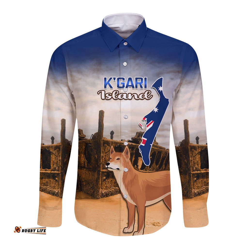 Australia Fraser Island Long Sleeve Button Shirt Dingo With Maheno Shipwreck K'gari Proud