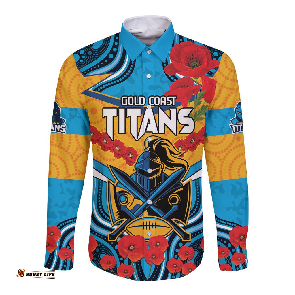 Custom GLD Titans Rugby ANZAC Long Sleeve Button Shirt Gallipoli Soldier With Aboriginal Art