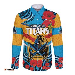 Custom GLD Titans Rugby ANZAC Long Sleeve Button Shirt Gallipoli Soldier With Aboriginal Art