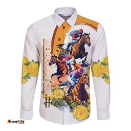 Melbourne Cup Australia Long Sleeve Button Shirt Horse Racing Happy 164th Anniversary