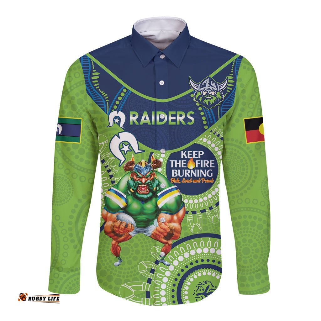 Custom NRL Raiders NAIDOC Week Long Sleeve Button Shirt Keep The Fire Burning Indigenous Art