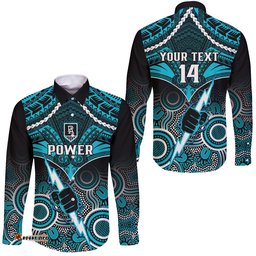 Personalised Port Adelaide Football Long Sleeve Button Shirt Power Aboriginal Mix Polynesian Pattern